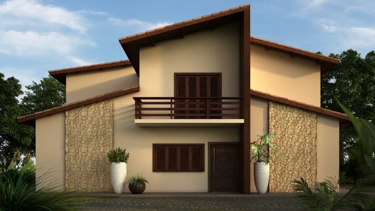 Fachada lateral com telhados em duas águas, painéis de pedra e as esquadrias de madeira da sacada