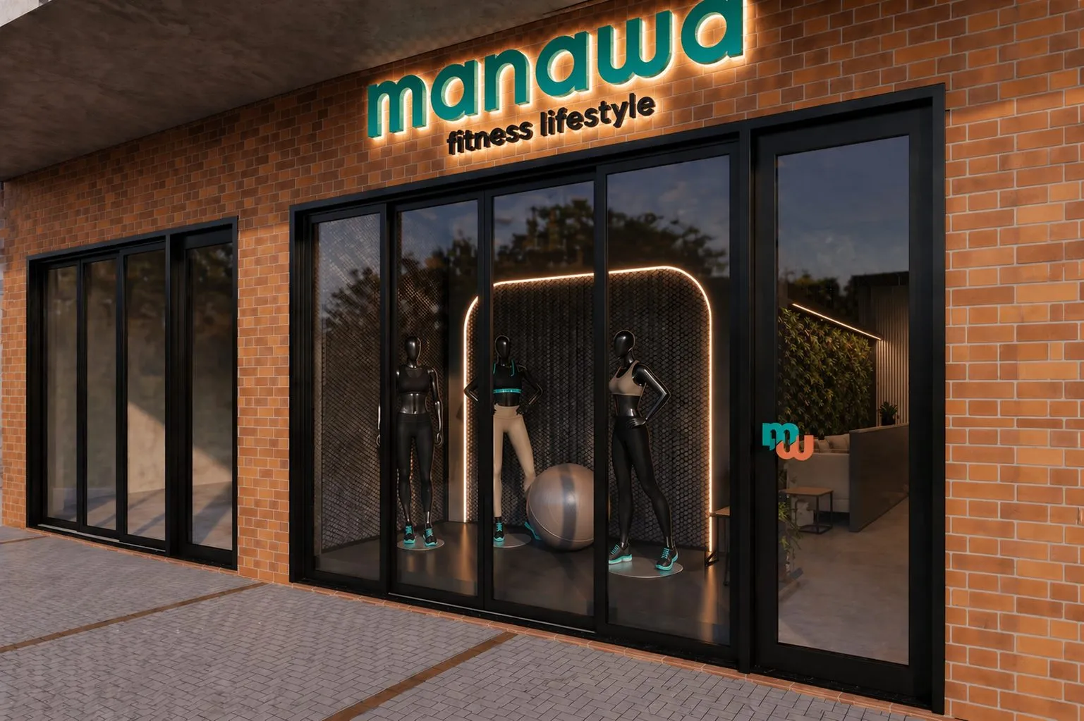 Fachada da Manawa em tijolo aparente, com vitrine ampla e o letreiro da marca sobre a marquise